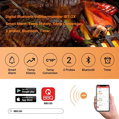 INKBIRD IBT-2X Bluetooth Termometro Digitale Barbecue Termometro e Timer, Termometro Cucina con Sonda di Temperatura per Carne Grigliate BBQ Fumatore Forno di Cottura 2 Sensori