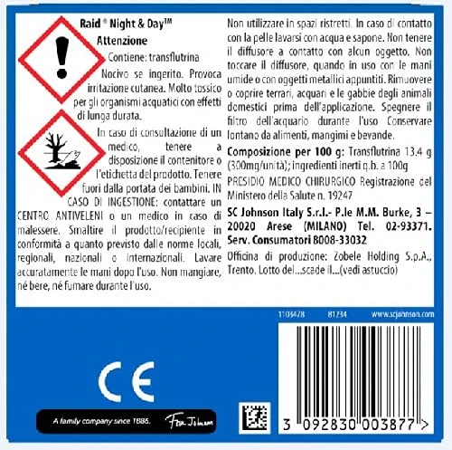Raid Night & Day Base con Ricarica, Antizanzare e Antimosche con Sabbia Compressa, Confezione da 1 Diffusore e 1 Ricarica, Senza Profumo