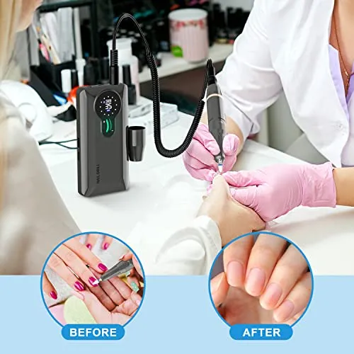 ENGERWALL Fresa per Unghie Professionale Ricaricabile Portatile, 35000 RPM Schermo LCD Elettrica per Unghie Kit con 13 Testine Iucidanti e 56 Nastri Abrasivi per Casa e Salone Manicure, Argento Scuro