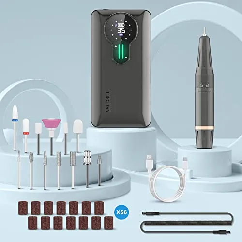 ENGERWALL Fresa per Unghie Professionale Ricaricabile Portatile, 35000 RPM Schermo LCD Elettrica per Unghie Kit con 13 Testine Iucidanti e 56 Nastri Abrasivi per Casa e Salone Manicure, Argento Scuro
