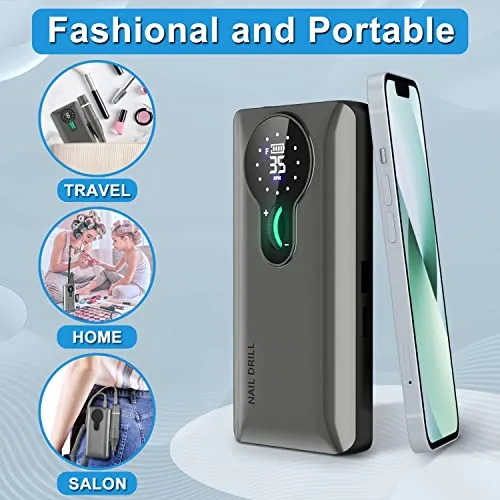 ENGERWALL Fresa per Unghie Professionale Ricaricabile Portatile, 35000 RPM Schermo LCD Elettrica per Unghie Kit con 13 Testine Iucidanti e 56 Nastri Abrasivi per Casa e Salone Manicure, Argento Scuro