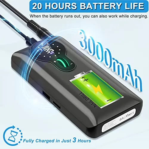 ENGERWALL Fresa per Unghie Professionale Ricaricabile Portatile, 35000 RPM Schermo LCD Elettrica per Unghie Kit con 13 Testine Iucidanti e 56 Nastri Abrasivi per Casa e Salone Manicure, Argento Scuro