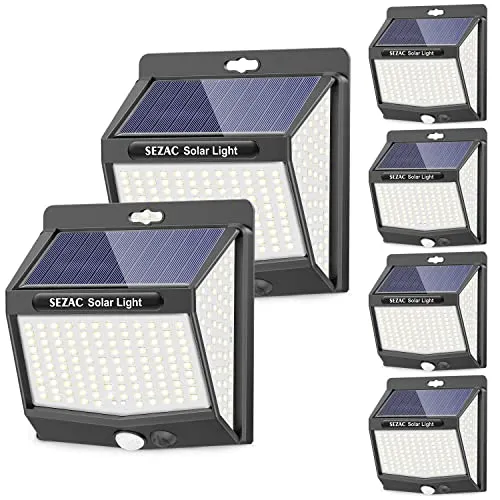 SEZAC Luce Solare Led Esterno【6 Pezzi /3 Modalità】 Illuminazione a 270°Luci Solari Esterno con Sensore di Movimento, IP65 Impermeabile Lampada Solare da Esterno per Giardino, Patio e Garage