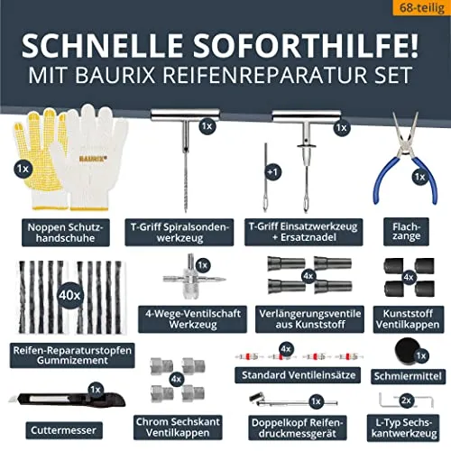 BAURIX® Premium Kit Riparazione Pneumatici Auto [68 Pezzi] - Kit Riparazione Pneumatici Moto - Kit ripara gomme Auto Senza Dover Cambiare Gli Pneumatici - Kit per Riparazione Pneumatici tubeless