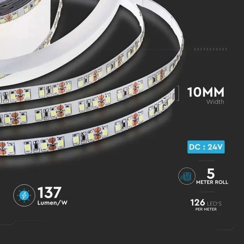 Bobina Striscia LED V-TAC 5 Metri (24V) - Alta Luminosità 120 LED/m - Luce Bianco Naturale 4000K (SKU 212594)
