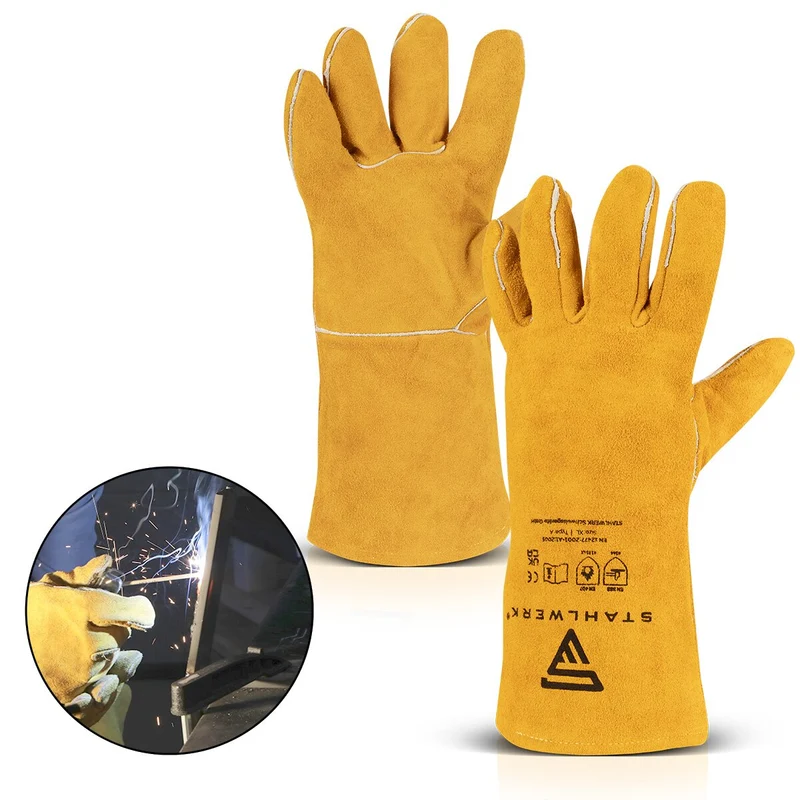 STAHLWERK Schweißerschutzhandschuhe aus Echtleder dick / Schutzkleidung / Handschuhe zum Schweißen und Plasmaschneiden