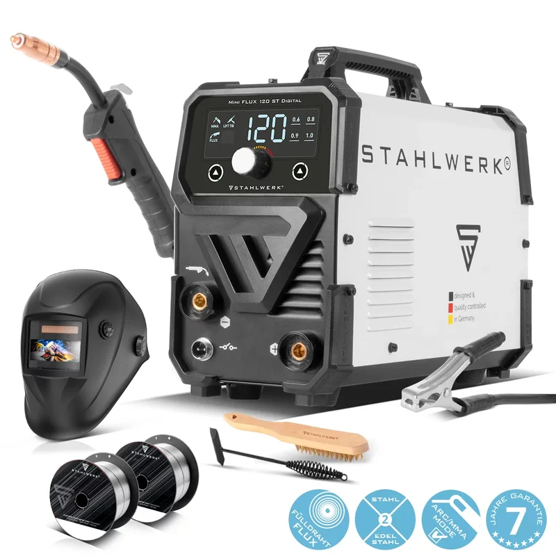 STAHLWERK Schweißgerät Mini FLUX 120 ST Digital mit 120 A Vollausstattung, synergischem Drahtvorschub, Lift-TIG und ARC/MMA Funktion zum Schweißen ohne Schutzgas