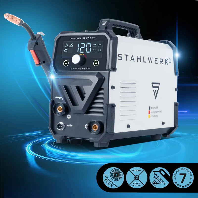 STAHLWERK Schweißgerät Mini FLUX 120 ST Digital mit 120 A Vollausstattung, synergischem Drahtvorschub, Lift-TIG und ARC/MMA Funktion zum Schweißen ohne Schutzgas
