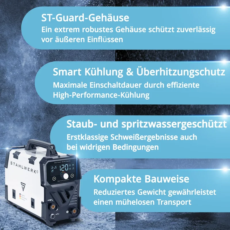 STAHLWERK Schweißgerät Mini FLUX 120 ST Digital mit 120 A Vollausstattung, synergischem Drahtvorschub, Lift-TIG und ARC/MMA Funktion zum Schweißen ohne Schutzgas