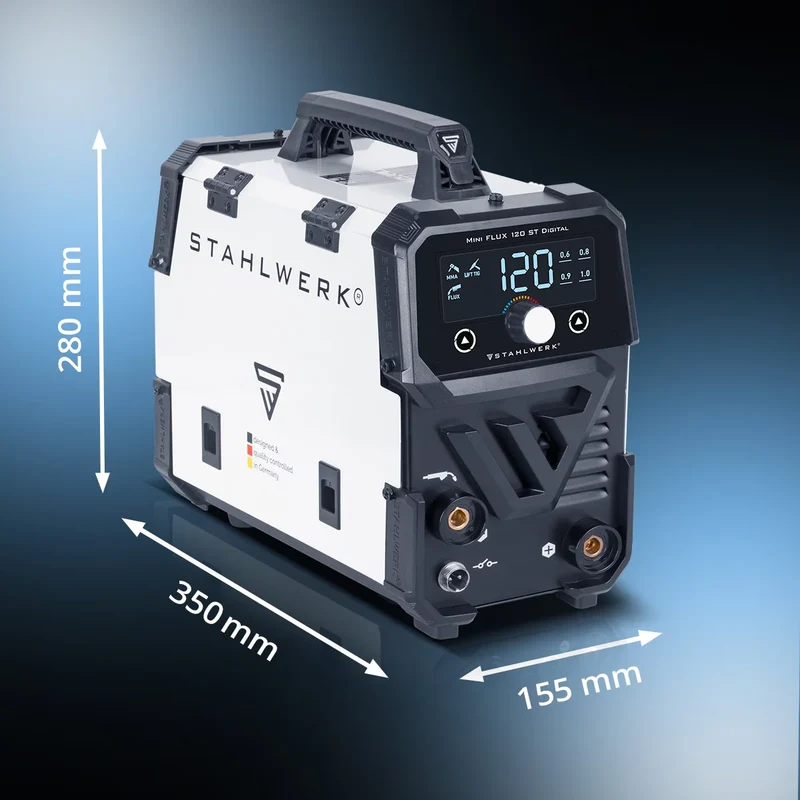 STAHLWERK Schweißgerät Mini FLUX 120 ST Digital mit 120 A Vollausstattung, synergischem Drahtvorschub, Lift-TIG und ARC/MMA Funktion zum Schweißen ohne Schutzgas