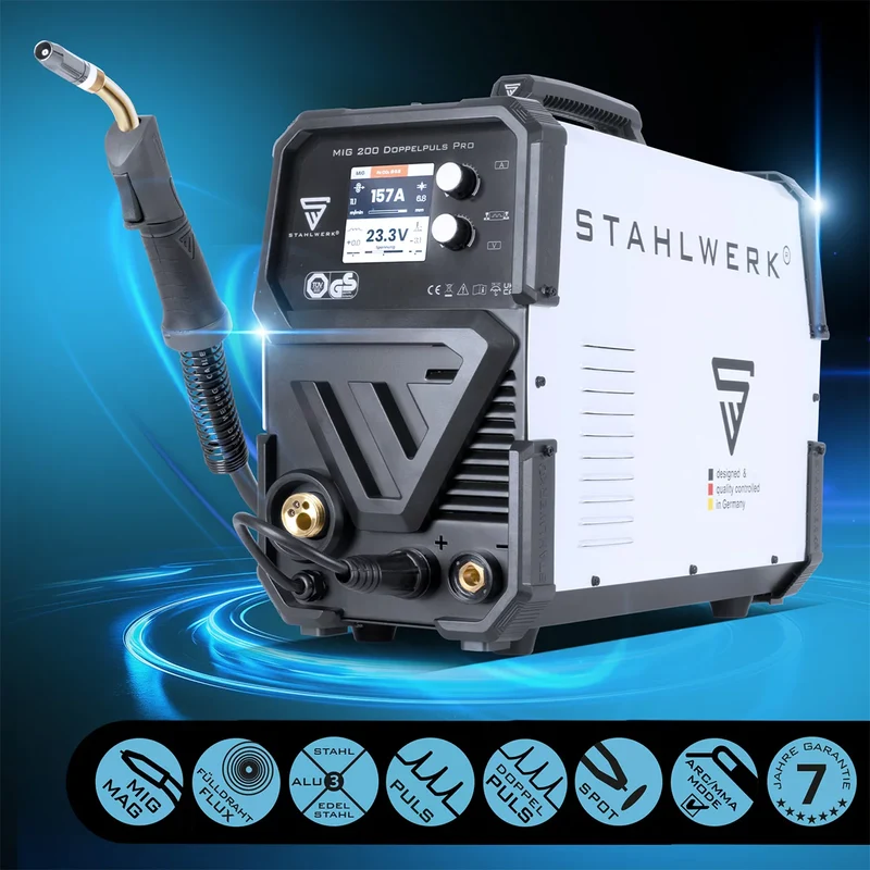 STAHLWERK MIG MAG 200 Doppelpuls Pro vollsynergisches Schweißgerät mit AK25/MB25 Alu-Schweißbrenner und Verschleißteile-Set für Aluminium-Schweißen