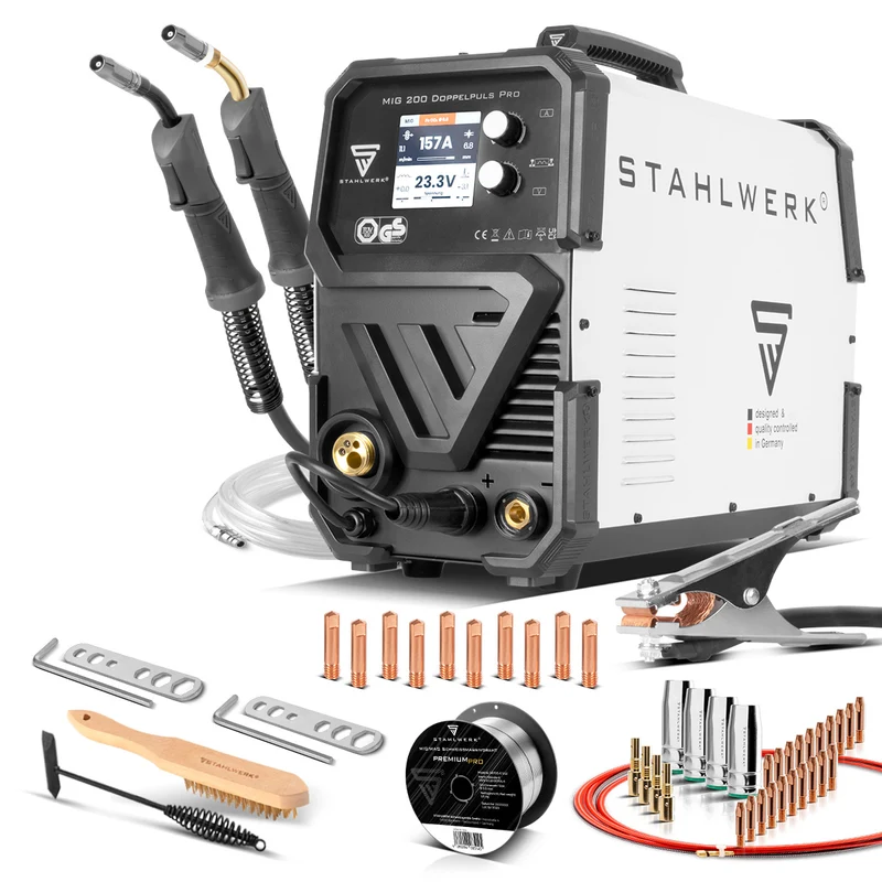STAHLWERK MIG MAG 200 Doppelpuls Pro vollsynergisches Schweißgerät mit AK25/MB25 Alu-Schweißbrenner und Verschleißteile-Set für Aluminium-Schweißen