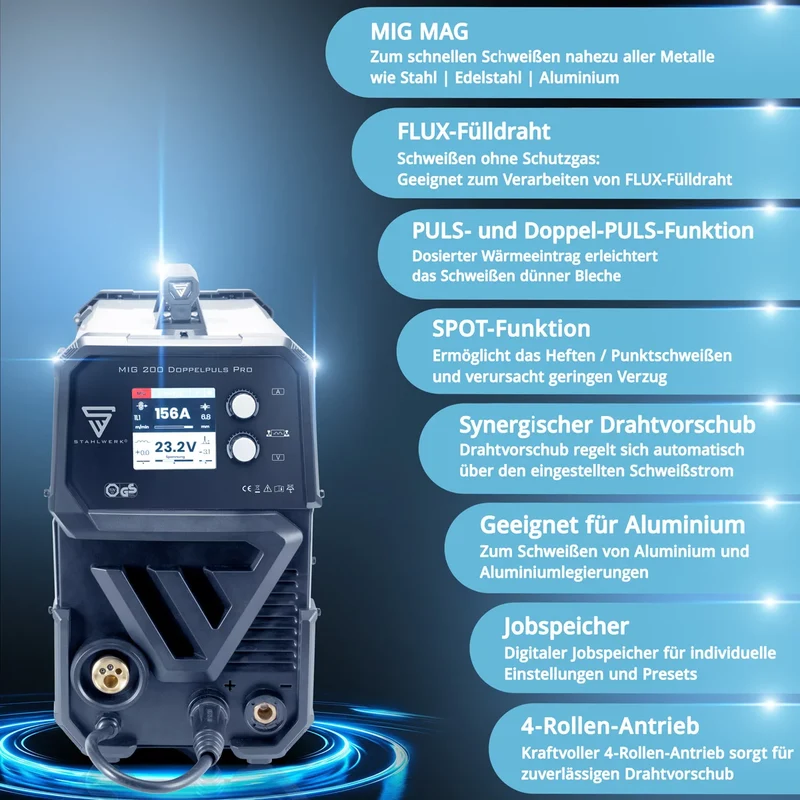 STAHLWERK MIG MAG 200 Doppelpuls Pro vollsynergisches Schweißgerät mit AK25/MB25 Alu-Schweißbrenner und Verschleißteile-Set für Aluminium-Schweißen