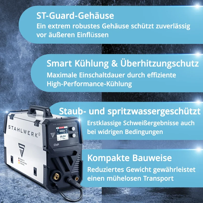 STAHLWERK MIG MAG 200 Doppelpuls Pro vollsynergisches Schweißgerät mit AK25/MB25 Alu-Schweißbrenner und Verschleißteile-Set für Aluminium-Schweißen