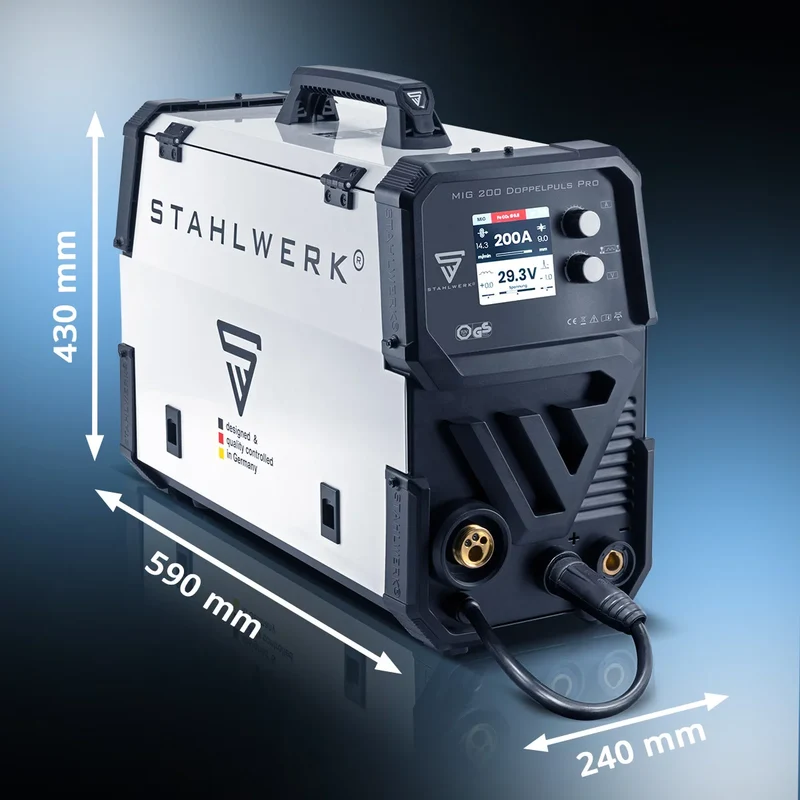 STAHLWERK MIG MAG 200 Doppelpuls Pro vollsynergisches Schweißgerät mit AK25/MB25 Alu-Schweißbrenner und Verschleißteile-Set für Aluminium-Schweißen
