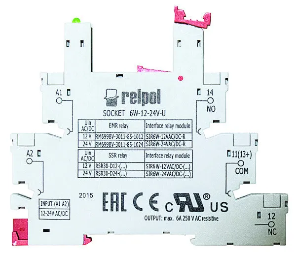 Zoccolo DIN Relpol Miniatura Slim 6A 12-24V - Terminali a Vite | 6W-12-24-U