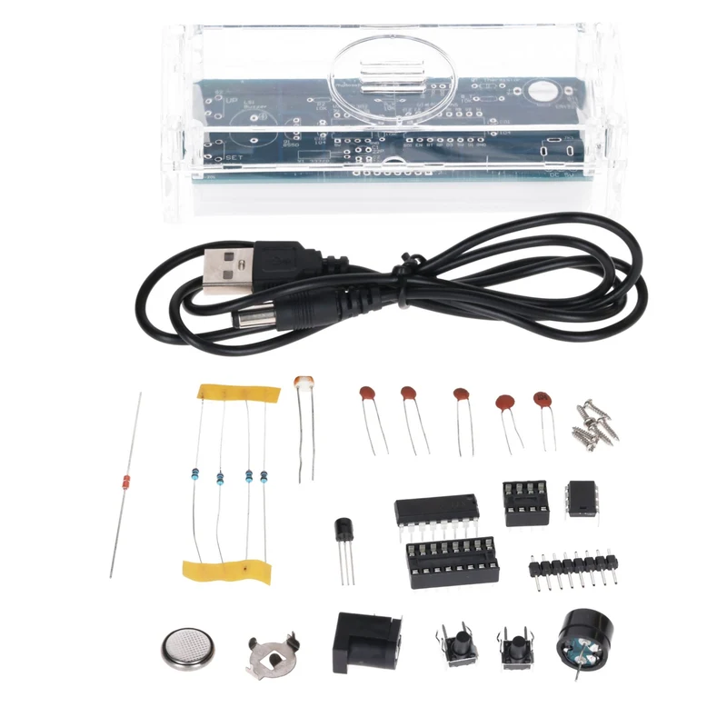 Digital clock kit with acrylic housing - DIY electronic clock with 4-digit LED display - Arduino-compatible soldering for beginners - kit for learning electronics and soldering