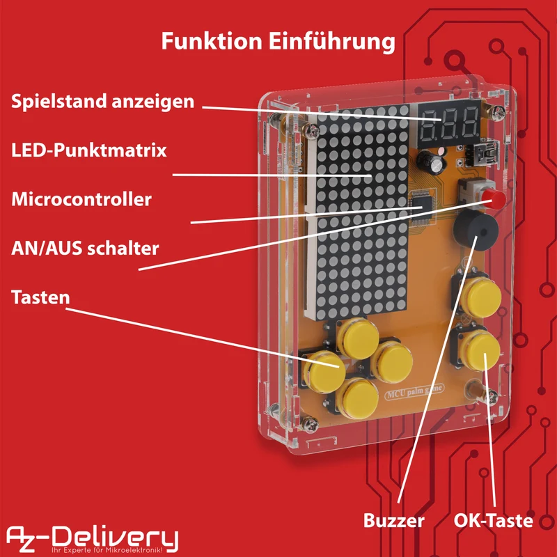 DIY electronics kit - game console with transparent housing, retro handheld electronics kit for beginners & advanced, soldering set for soldering & tinkering with LED matrix and point ad