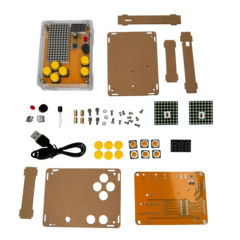 DIY electronics kit - game console with transparent housing, retro handheld electronics kit for beginners & advanced, soldering set for soldering & tinkering with LED matrix and point ad