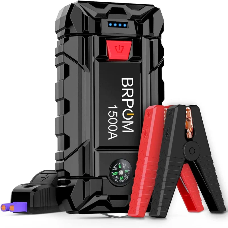 BRPOM Avviatore Batteria Auto, 1500A 15800mAh Avviatore di Emergenza per Auto/Moto, (Motori Fino a 7.0L Gas o 5.5L Diesel)Torcia a LED,Porta USB da per Smartphone (1500A)…