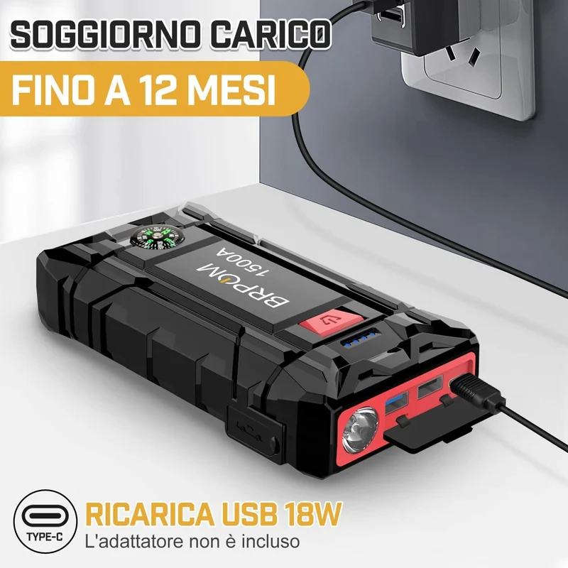 BRPOM Avviatore Batteria Auto, 1500A 15800mAh Avviatore di Emergenza per Auto/Moto, (Motori Fino a 7.0L Gas o 5.5L Diesel)Torcia a LED,Porta USB da per Smartphone (1500A)…