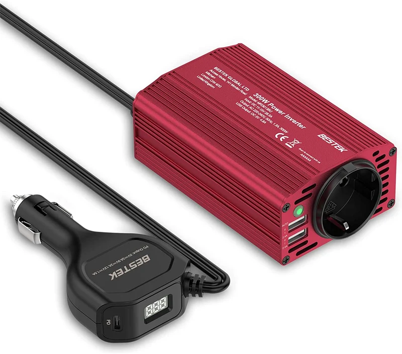 BESTEK 300W Inverter da Auto 12V 220V con Caricatore Auto USB-PD 18W, Trasformatore Inverter per Camper con 2 Porte USB 4,8A, Display LCD