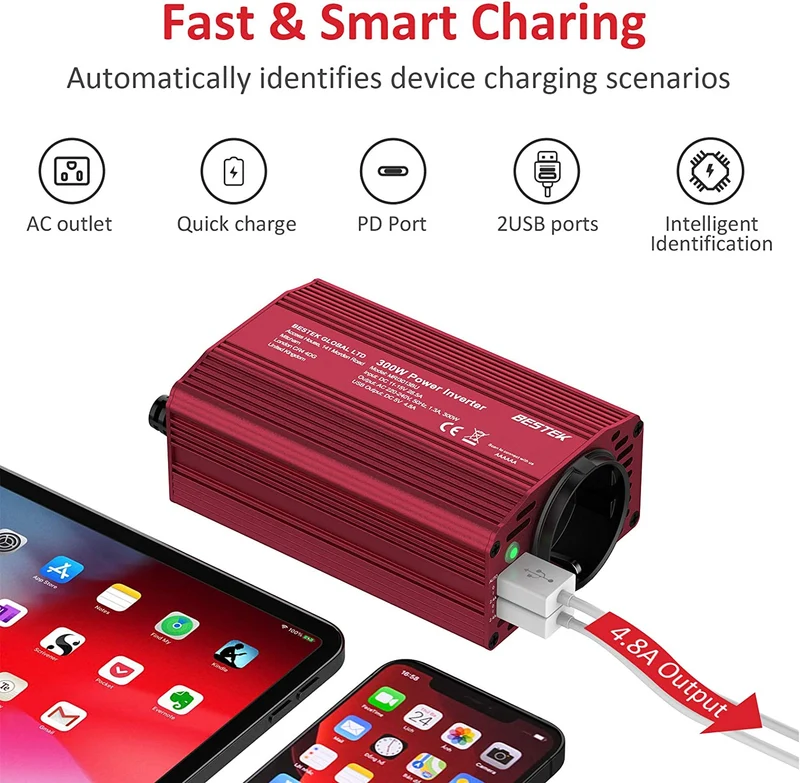 BESTEK 300W Inverter da Auto 12V 220V con Caricatore Auto USB-PD 18W, Trasformatore Inverter per Camper con 2 Porte USB 4,8A, Display LCD
