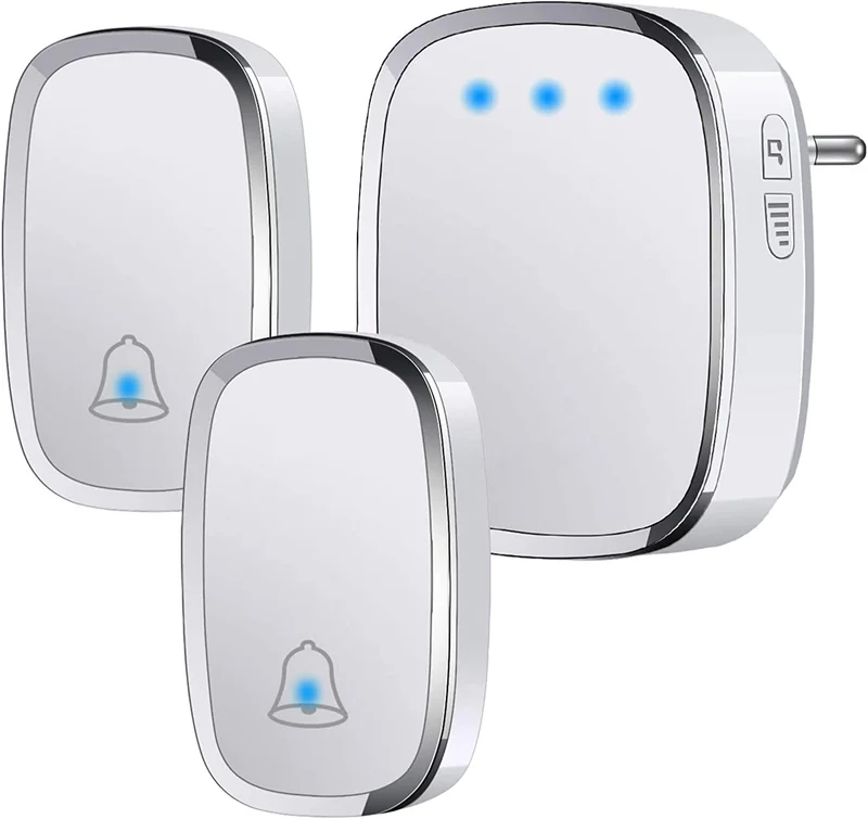 YYQ Campanello Senza Fili da Esterno Impermeabile IP44, Wireless Doorbell con Raggio d’Azione 300M, Indicatore LED, 1 Trasmettitore Pulsante e 2 Ricevitori, 5 Volume Regolabile, 36 Suonerie (Bianco)