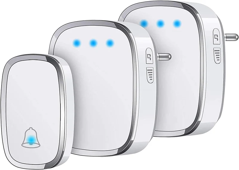 YYQ Campanello Senza Fili da Esterno Impermeabile IP44, Wireless Doorbell con Raggio d’Azione 300M, Indicatore LED, 1 Trasmettitore Pulsante e 2 Ricevitori, 5 Volume Regolabile, 36 Suonerie (Bianco)