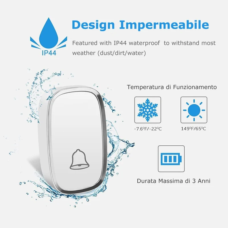 YYQ Campanello Senza Fili da Esterno Impermeabile IP44, Wireless Doorbell con Raggio d’Azione 300M, Indicatore LED, 1 Trasmettitore Pulsante e 2 Ricevitori, 5 Volume Regolabile, 36 Suonerie (Bianco)