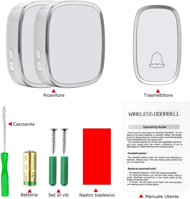 YYQ Campanello Senza Fili da Esterno Impermeabile IP44, Wireless Doorbell con Raggio d’Azione 300M, Indicatore LED, 1 Trasmettitore Pulsante e 2 Ricevitori, 5 Volume Regolabile, 36 Suonerie (Bianco)