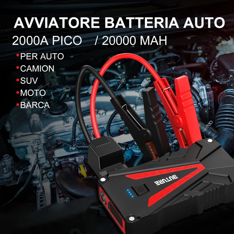 BuTure Booster Avviamento Auto 2000A 20000mAh, Avviatore Emergenza per Auto/Moto (Motori Fino a 7,0L Benzina/6,0L Diesel), Avviatore Batteria Auto con Torcia LED, Porta USB da per Smartphone