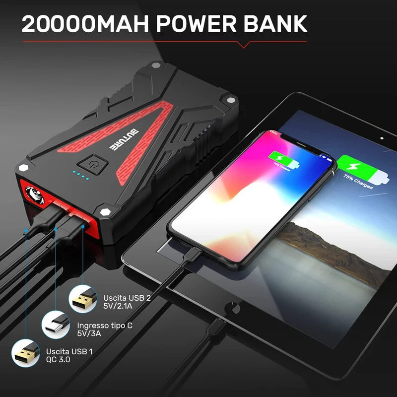 BuTure Booster Avviamento Auto 2000A 20000mAh, Avviatore Emergenza per Auto/Moto (Motori Fino a 7,0L Benzina/6,0L Diesel), Avviatore Batteria Auto con Torcia LED, Porta USB da per Smartphone