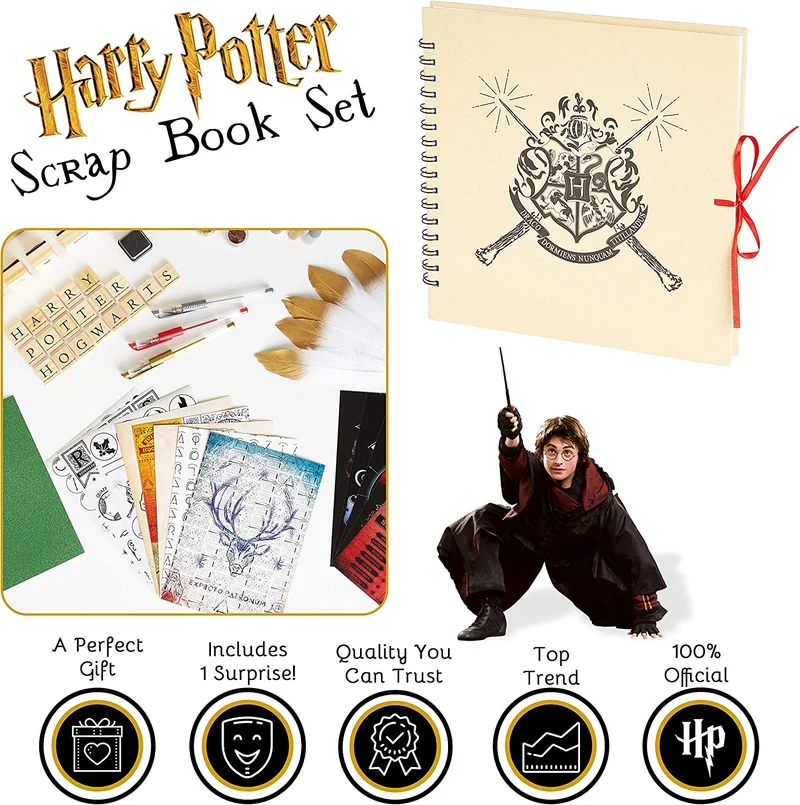 HARRY POTTER Scrapbooking Kit, Album Fai da Te, più di 60 Accessori Scrapbook Washi Tapes, Adesivi, Timbri, Lettere, Colla Stick Glitterata, Attivita Creative per Bambini, Regali Fai da Te Creativi