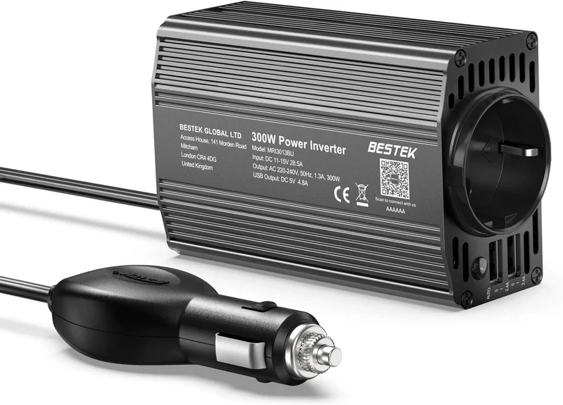 BESTEK 200W Inverter da Auto 12V a 230V con 4 Porte Smart USB 2 Prese AC, Convertitore Potenza per Auto/Camper/Barca a Onda Sinusoidale Modificata