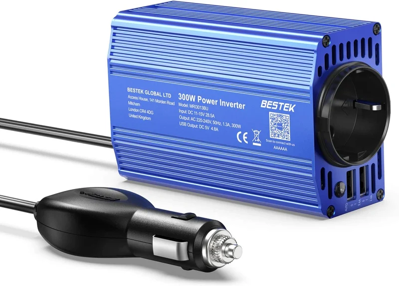 BESTEK 200W Inverter da Auto 12V a 230V con 4 Porte Smart USB 2 Prese AC, Convertitore Potenza per Auto/Camper/Barca a Onda Sinusoidale Modificata