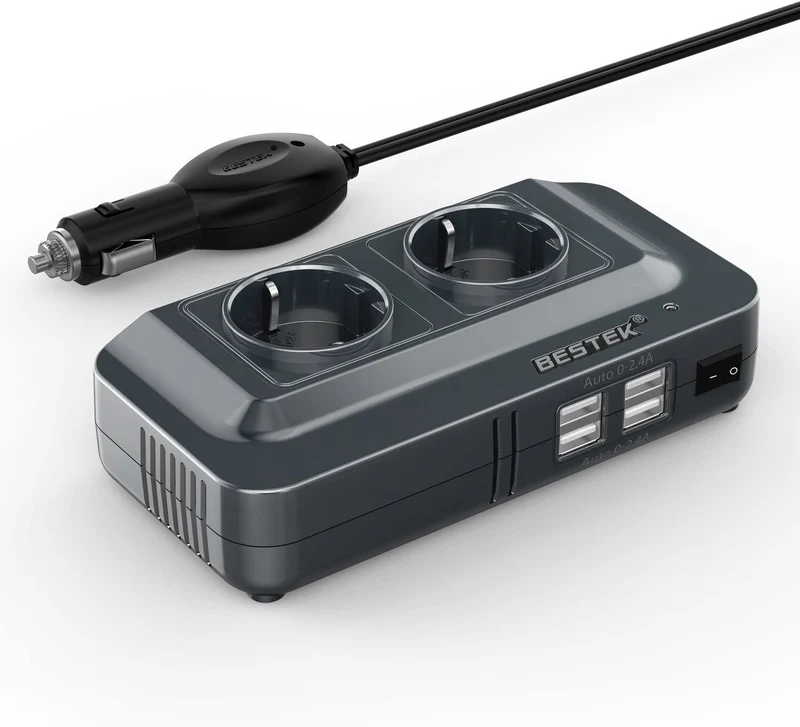 BESTEK 200W Inverter da Auto 12V a 230V con 4 Porte Smart USB 2 Prese AC, Convertitore Potenza per Auto/Camper/Barca a Onda Sinusoidale Modificata