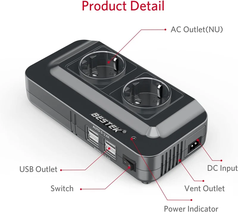 BESTEK 200W Inverter da Auto 12V a 230V con 4 Porte Smart USB 2 Prese AC, Convertitore Potenza per Auto/Camper/Barca a Onda Sinusoidale Modificata