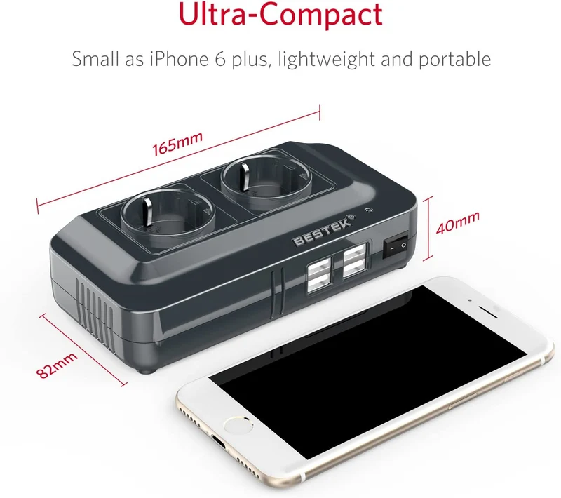 BESTEK 200W Inverter da Auto 12V a 230V con 4 Porte Smart USB 2 Prese AC, Convertitore Potenza per Auto/Camper/Barca a Onda Sinusoidale Modificata