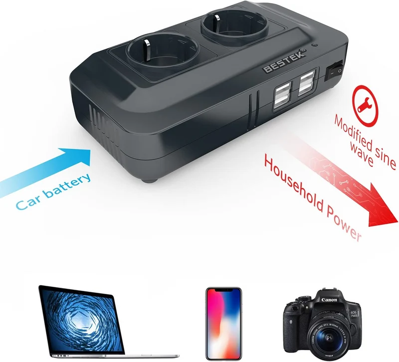 BESTEK 200W Inverter da Auto 12V a 230V con 4 Porte Smart USB 2 Prese AC, Convertitore Potenza per Auto/Camper/Barca a Onda Sinusoidale Modificata