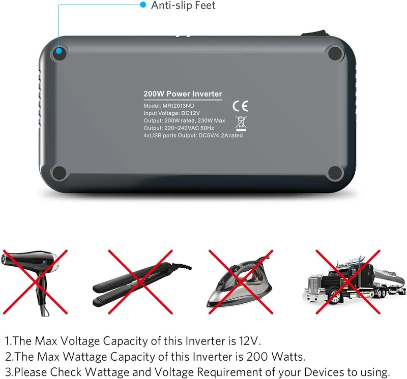 BESTEK 200W Inverter da Auto 12V a 230V con 4 Porte Smart USB 2 Prese AC, Convertitore Potenza per Auto/Camper/Barca a Onda Sinusoidale Modificata
