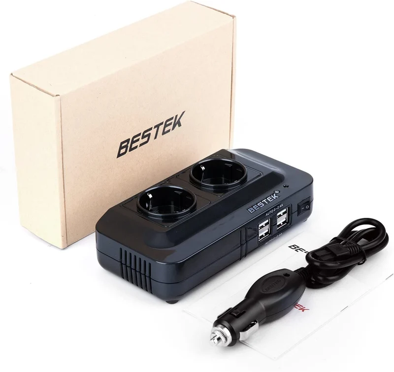 BESTEK 200W Inverter da Auto 12V a 230V con 4 Porte Smart USB 2 Prese AC, Convertitore Potenza per Auto/Camper/Barca a Onda Sinusoidale Modificata