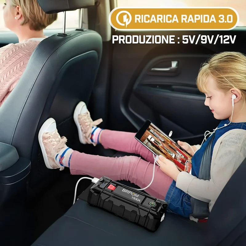 BRPOM Avviatore Batteria Auto, 1500A 15800mAh Avviatore di Emergenza per Auto/Moto, (Motori Fino a 7.0L Gas o 5.5L Diesel)Torcia a LED,Porta USB da per Smartphone (1500A)…