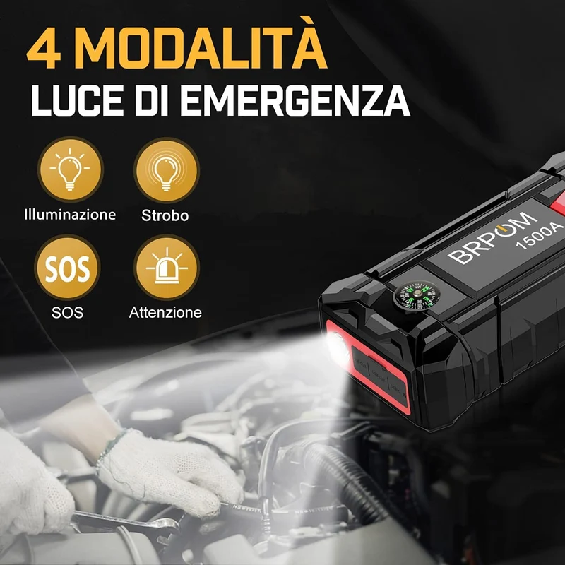 BRPOM Avviatore Batteria Auto, 1500A 15800mAh Avviatore di Emergenza per Auto/Moto, (Motori Fino a 7.0L Gas o 5.5L Diesel)Torcia a LED,Porta USB da per Smartphone (1500A)…