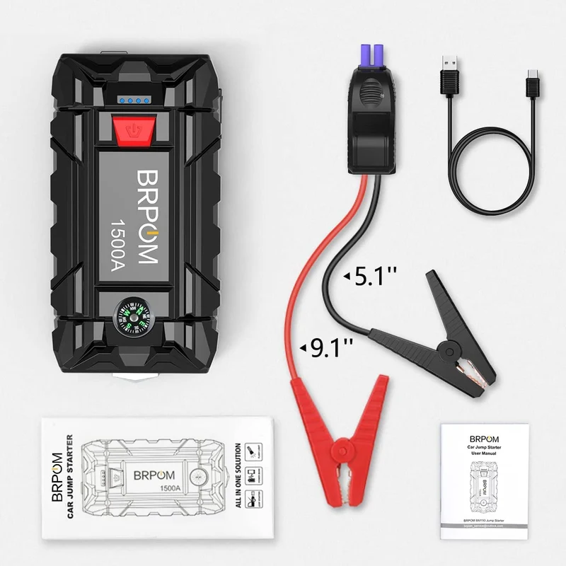BRPOM Avviatore Batteria Auto, 1500A 15800mAh Avviatore di Emergenza per Auto/Moto, (Motori Fino a 7.0L Gas o 5.5L Diesel)Torcia a LED,Porta USB da per Smartphone (1500A)…