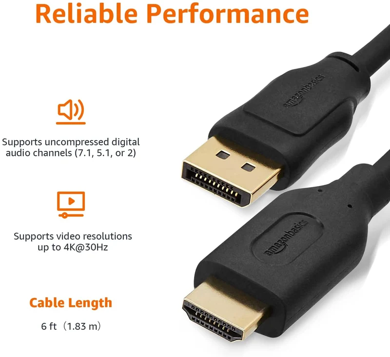 Amazon Basics - Cavo da DisplayPort a HDMI, con connettori rivestiti in oro, 1,8 m
