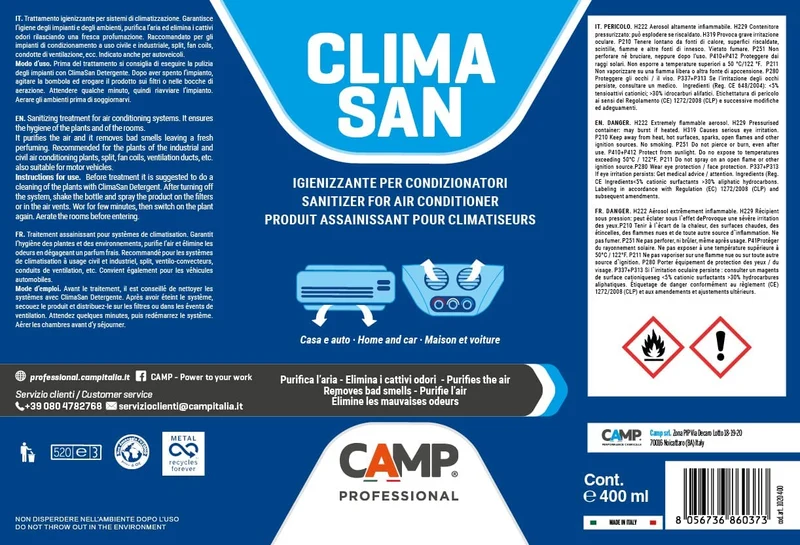 Camp CLIMASAN Igienizzante Climatizzatori, a base alcool, per casa e auto, purifica l'aria e neutralizza i cattivi odori