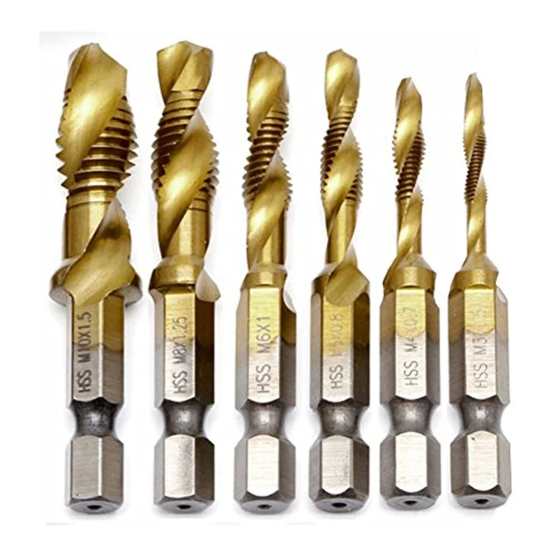 JTENG 6 Pezzi Punte Trapano, Maschi Countersink Tap Drill Bit HSS Imposta Combinazione Attacco Filettare e Svasare l’imboccatura Innesto Esagonale Standard Titanio Tap Trapano， M3/4/5/6/8/10