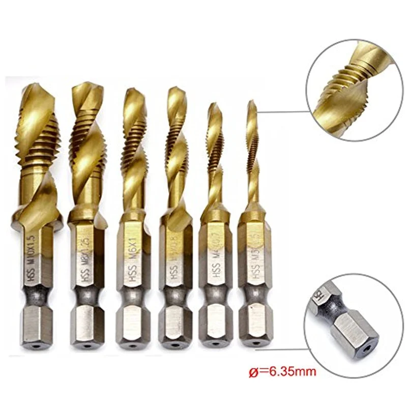 JTENG 6 Pezzi Punte Trapano, Maschi Countersink Tap Drill Bit HSS Imposta Combinazione Attacco Filettare e Svasare l’imboccatura Innesto Esagonale Standard Titanio Tap Trapano， M3/4/5/6/8/10