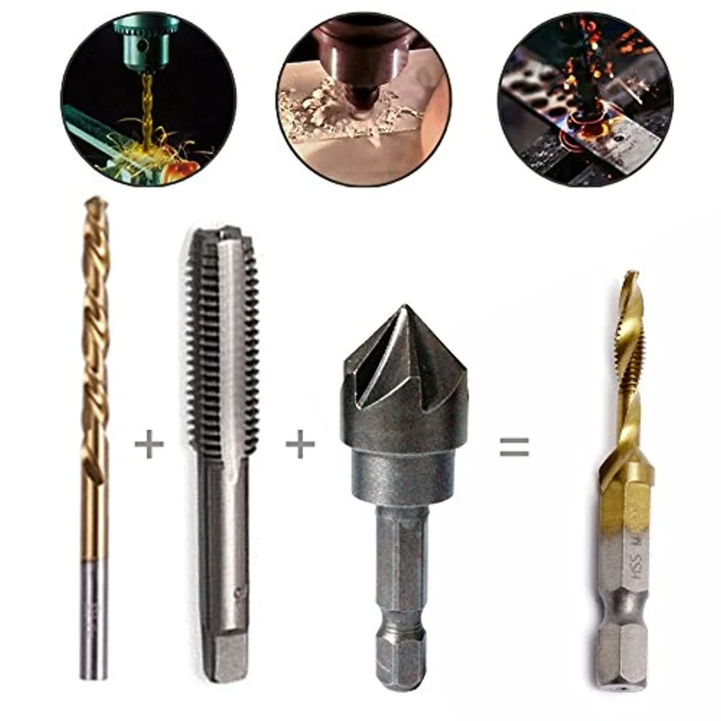 JTENG 6 Pezzi Punte Trapano, Maschi Countersink Tap Drill Bit HSS Imposta Combinazione Attacco Filettare e Svasare l’imboccatura Innesto Esagonale Standard Titanio Tap Trapano， M3/4/5/6/8/10